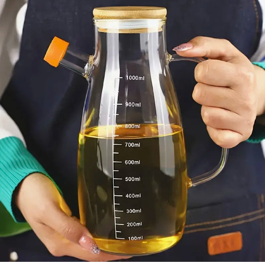 Glass Oil Bottle with Bamboo Lid 1Litre Borosilicate Glass Oil Dispenser Jug